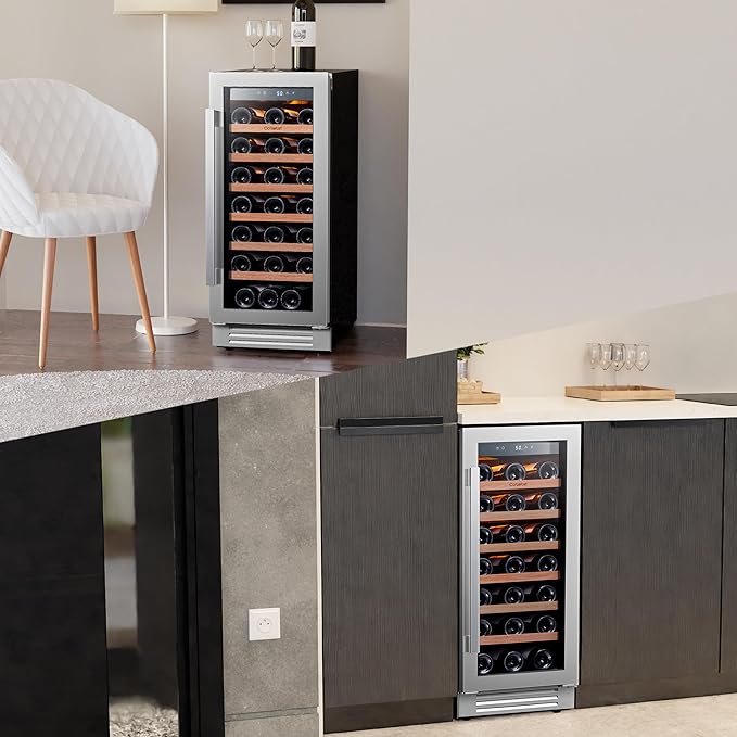 Ca'Lefort 15 Inch Wine Fridge, 33 Bottle Wine Cooler Refrigerator, 40-65°F Wine Refrigerator Glass Door, 3 LED Wine Fridge, Built-in or Freestanding Fridge for Home/Bar/Kitchen (3.0 cu.ft)