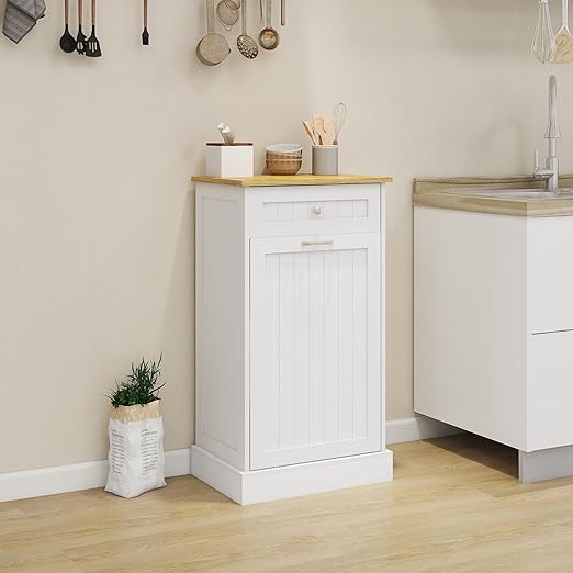 Wooden Simple Style Kitchen Trash Cabinet, Wooden Frame with Drawers and Tilt-Out Trash Cabinet for 10 Gallon Trash Cans 19.69'' W x 13.78'' D x 35.43'' H (White-021)