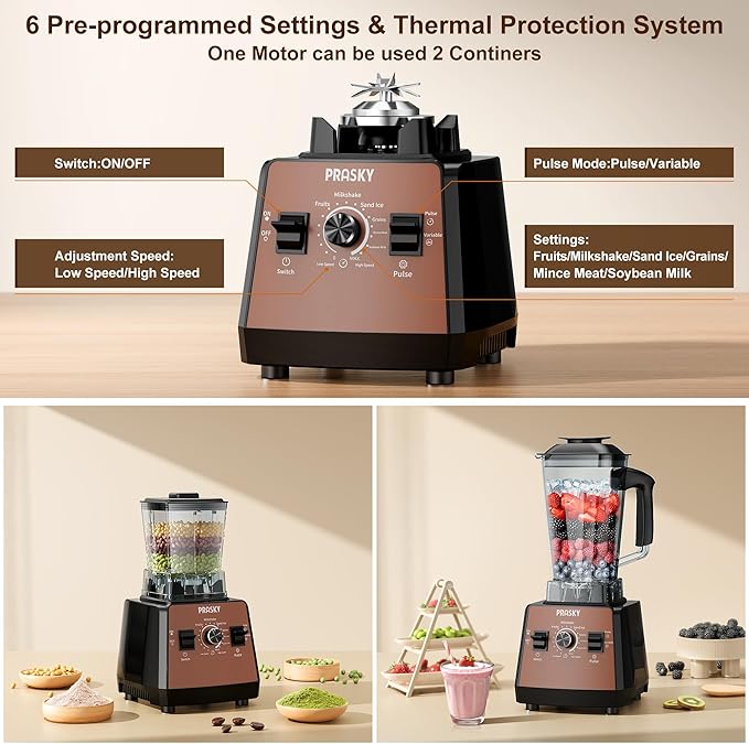 Blenders for Kitchen, Smoothie Blender, 2400W/1000W Prasky Blender & Grinder Combo, 25,000 RPM High Speed, 68oz BPA-Free Food Processor, Countertop Blender for Smoothies, Shakes & Food (Brown, 2L)