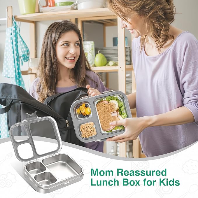HOMEKOL Stainless Steel Bento Lunch Box, 3-Compartment Leak-Proof Lunch Container for Kids & Adults, BPA/BPS-Free 304 Metal Food Box, Dishwasher Safe, Clear Tritan Lid, Grey (Not Insulated)