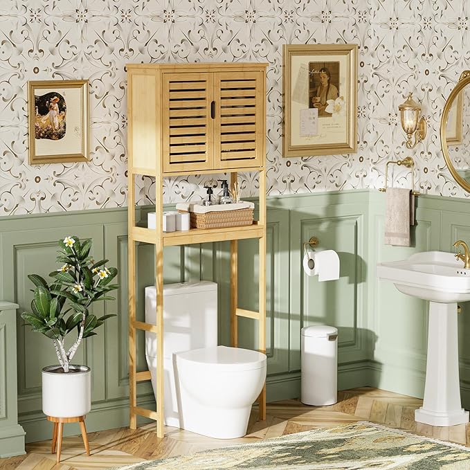 SMIBUY Bathroom Over The Toilet Storage Cabinet, 2 Door Bamboo Cabinet Organizer, Freestanding Space Saver Toilet Rack with Adjustable Inside Shelf and Open Shelf (Natural)