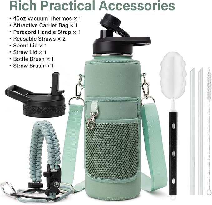 DYSANKY Insulated Water Bottle | Thickened Stainless Steel Vacuum Metal | Portable Sports Water Jug for Gym and Hiking with Straw, Carrier Bag, Handle Strap | BPA-Free 40 oz