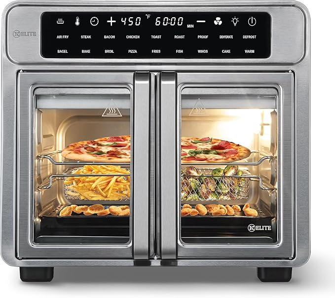 Kitchen Elite 26 Quart French Door Air Fryer Oven – Family Size Countertop Convection Cooker with LED Display, Stainless Steel
