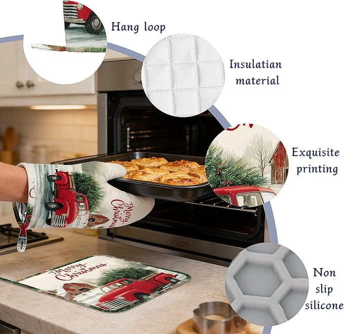 Red Truck Tree Pot Holders and Oven Mitts Set Silicone Winter Merry Christmas Kitchen Gloves Potholders Heat Resistant Washable,Chef Cooking Baking Gifts for Women Men Bakers Lover Cooks