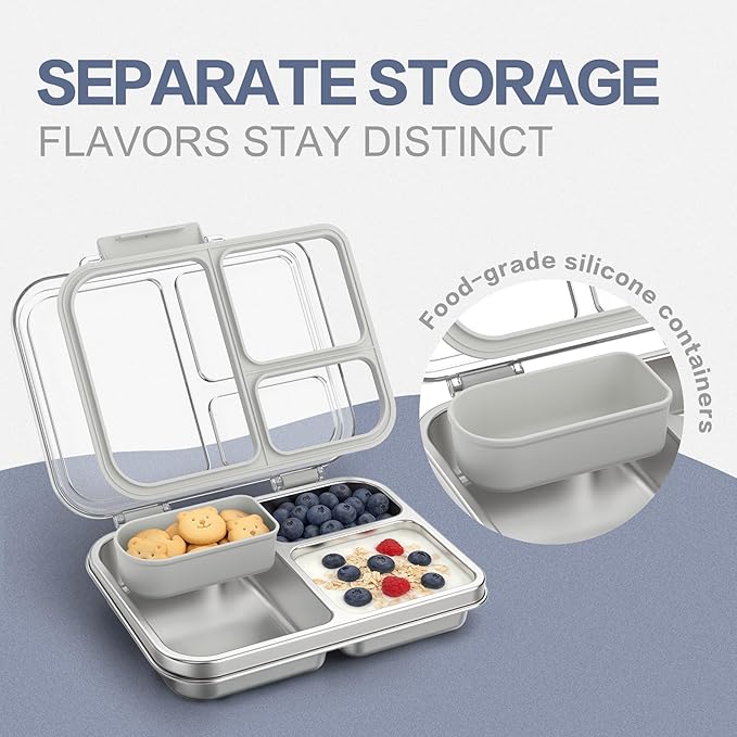 Stainless Steel Bento Box for Kids, 3-Compartment Metal Lunch Box with Clear Lid & Removable Silicone, Lunch Box Kids with Silicone Inner Container for Meal Prep, School, Office (Grey)