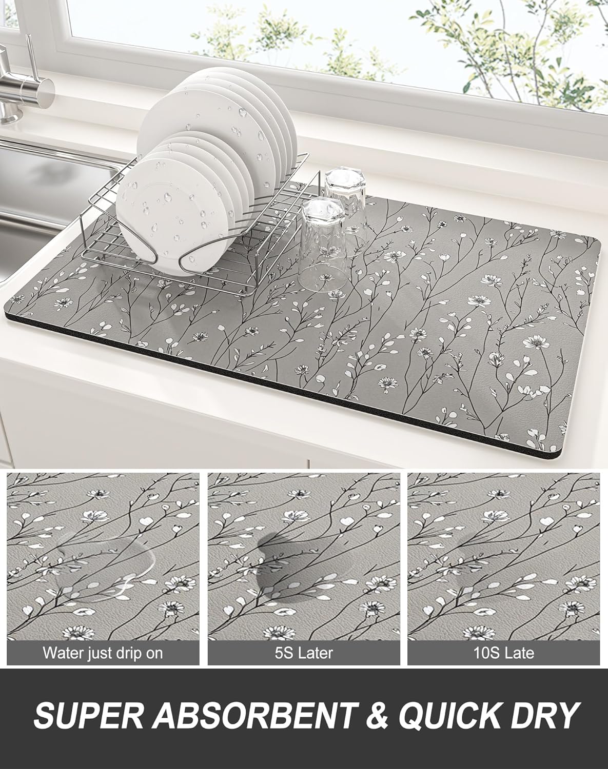 Rnivvi Dish Drying Mat for Kitchen Counter, XL 15 x 24" Cute Flower Theme Absorbent Draining Pad, Non-Slip Heat Resistant Coffee Bar Mats for Coffee Machine Station Accessories, Grey Dish Rack Pad