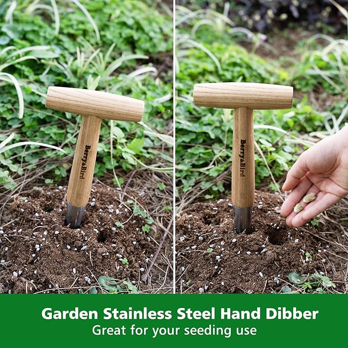Berry&Bird Hand Dibber, Stainless Steel Sow Dibbler with Wood Handle, Garden Hole Punch Dibbler Tool for Planting Seeds & Bulbs, Hand Held Bulb Planter for Planting Flowers Tulips, Daffodils, Dahlias