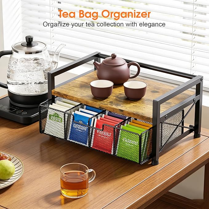 Tea Bag Organizer - Tea Organizer with 8 Compartments & Drawer, Wooden Tea Bar Storage Box, Tea Bag Holder for Countertop Kitchen Tea Station, Rustic Brown