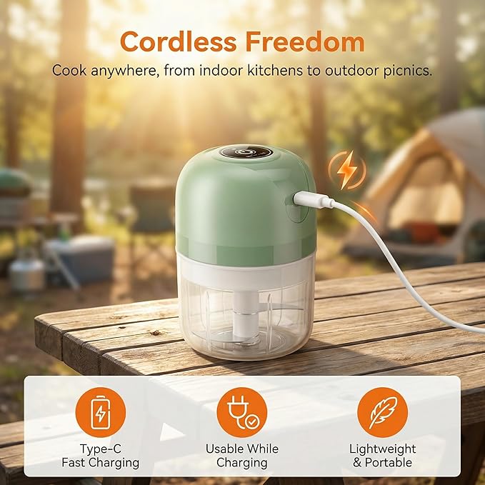 New Upgraded Dual-Cup Electric Garlic Chopper,Electric Mini Garlic Chopper, Portable Wireless Food Processor for Vegetables, Onion, Ginger, Chili, Meat – Rechargeable, Splash-Proof, Light Green
