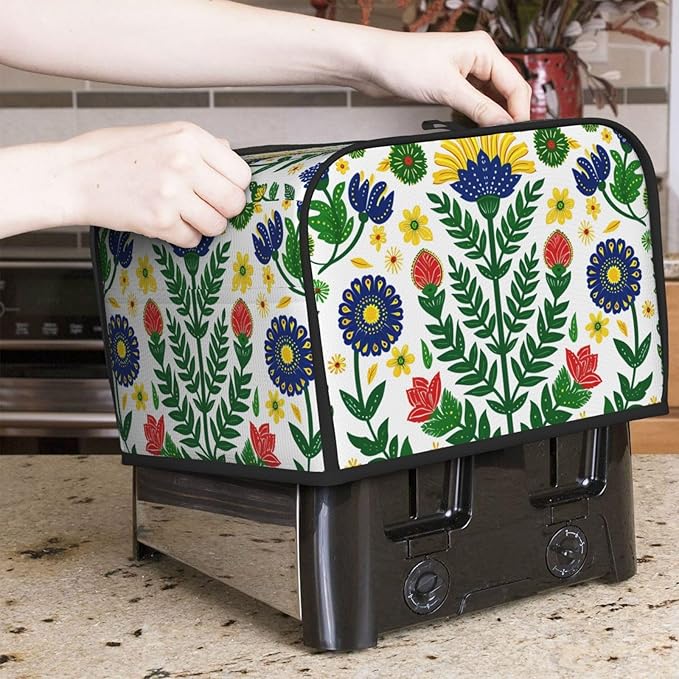 Mexican Folk Flowers Covers for 4 Slice Toasters,Cute Country Bread Machine Cover with Handle,Washable Stain Resistant Kitchen Small Appliance Cover Dining Decor