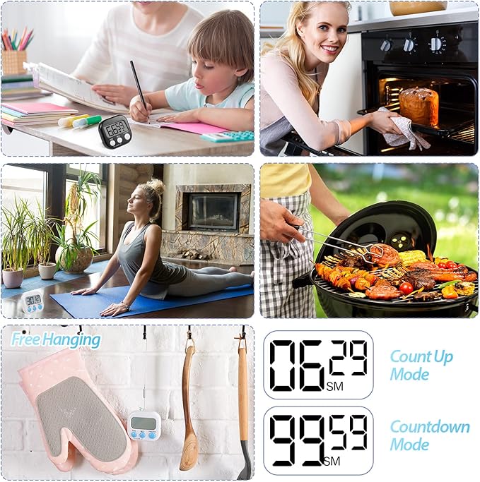 Weewooday 2 Pcs Digital Kitchen Timer Magnetic Timer Bulk On/Off Switch Minute Second Count up Countdown Loud Alarm for Exercise Cook Baking (White)