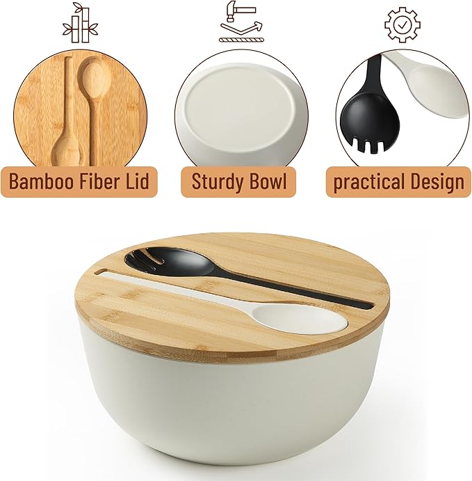 BAMBOO LAND- Large Salad Bowl with Wooden Lid, 10 Inch/108 Oz, White, Bamboo Fiber Salad Bowl with Serving Utensils, Wide Applications