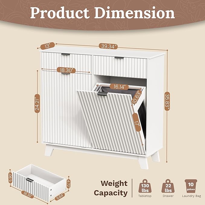 Double Tilt Out Laundry Hamper Cabinet, 20 Gallon Wooden Trash Can Cabinet with Drawers, Hidden Fluted Bathroom Storage Cabinet for Kitchen, Living Room (White, 39.34" W x 35.83" H x 13" D)