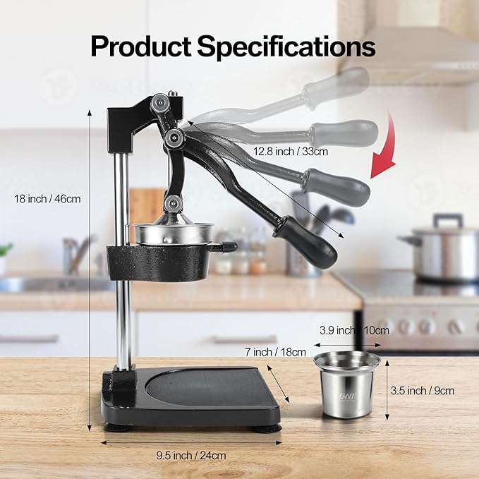 18 Inch Height Commercial Heavy Duty Cast Iron Hand Press Manual Orange Citrus Lemon Lime Grapefruit Pomegranate Fruit Juice Squeezer Machine with Stainless Steel Cup and Durable Base Black