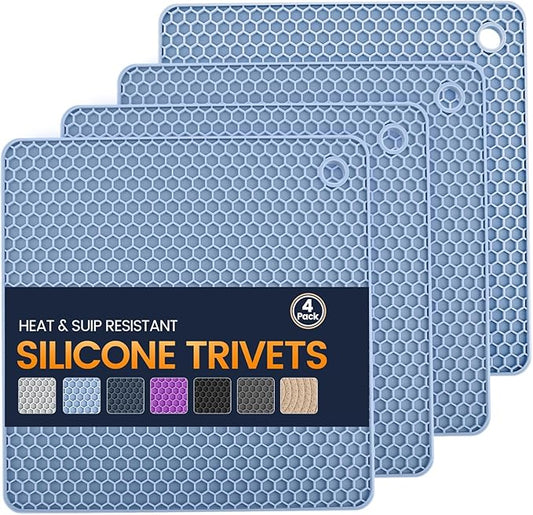 Silicone Trivet Mats 4 Heat Resistant Pot Holders Multipurpose Non-Slip Hot Pads for Kitchen Potholders, Drying mat, Jar Opener, Spoon Holder, Coaster.(Light Blue)