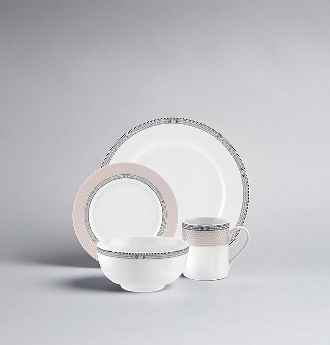 Portmeirion Home Vintage Chic 16 Piece Set - Porcelain Dinnerware with Art Deco Borders - 10.5" Dinner Plates, 7.5" Salad Plates, 5.5" Bowls, 11.5 Oz Mugs - Microwave & Dishwasher Safe Place Settings