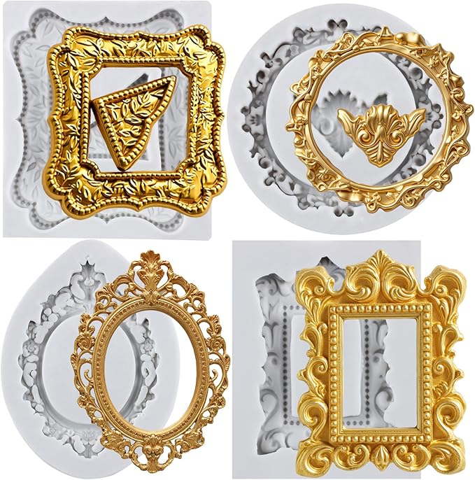 Picture Frames Silicone Mold Photo Frame Fondant Molds Vintage Frame Mold Baroque Frames Chocolate Molds For Sugar craft Cake Decoration Cupcake Topper Candy Polymer Clay Gum Paste Set of 4