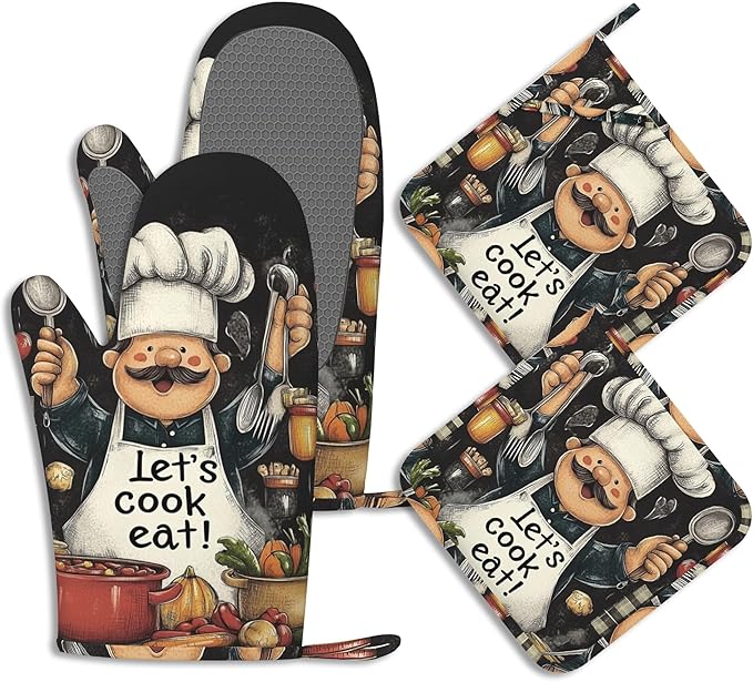 Funny Chef Pot Holders and Oven Mitts Set Silicone Let's Cook Eat Kitchen Gloves Potholders Heat Resistant Washable,Chef Cooking Baking Gifts for Women Men Bakers Lover Cooks