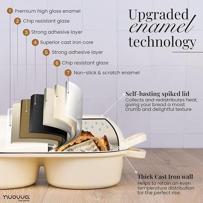 Dutch Oven For Sourdough Bread Baking – Enamelled Cast Iron Bread Loaf Pot – 500°F Oven Safe Non Stick Bread Pot – Double Round Loaf Space, 16.5cm Diameter, Cream, – by Nuovva