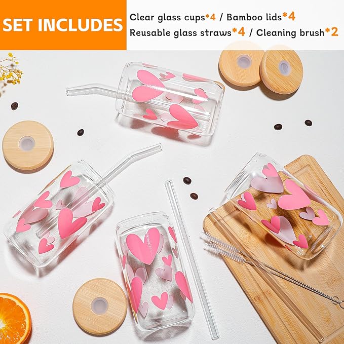 DWTS DANWEITESI Glass Cups with Lids and Straws with Design Pink Hearts 4 pcs,Clear Glass Cups 16 oz-Glass Tumbler,Cute Glass Iced Coffee Cups with Lids and Straws