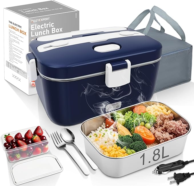 COZYEXPERT 100W Electric Lunch Box Food Heated 12V 24V 110V Fast Food Warmer Heater for Car/Truck/Home Portable Food Heating Boxes with 1.8L 304 SS Container 0.45L Compartment(Royal Blue+White)