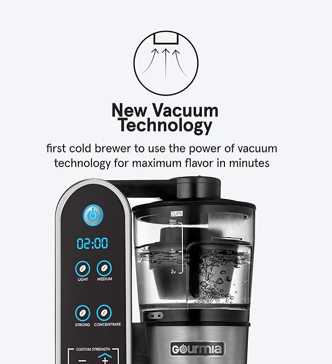 Gourmia GCM7800 Brewdini™ Digital Cold Brew Coffee Maker - Vacuum Technology for 2 Minute Cold Brew - 4 Strength Options - 5 Cup Capacity - Stainless Steel