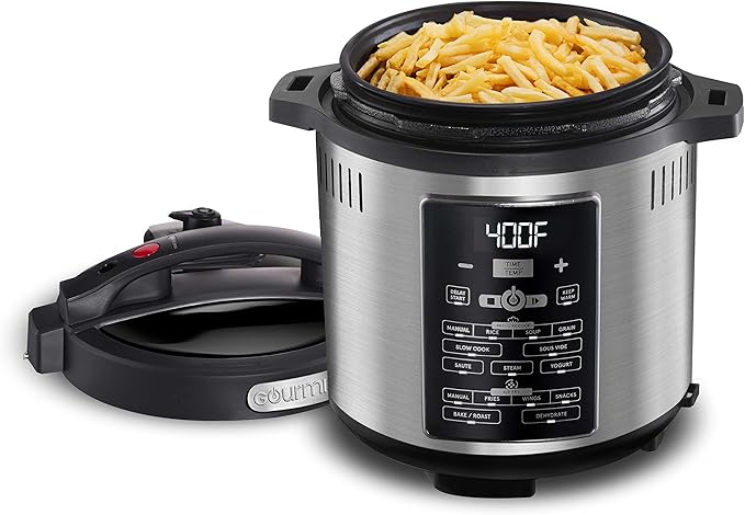 Gourmia GPA2060 One-Lid Pressure Cooker + Air Fryer With 15 One-Touch Cooking Functions - 6-Quart Nonstick Cooking Pot, Air Fry Basket, Multi-purpose Rack, Measuring Cup