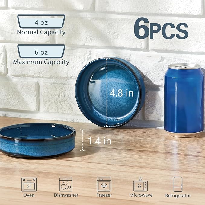 ONEMORE 4 oz Ramekins Oven Safe, Ceramic Ramekins for Creme Brulee, Custard, Pudding, Souffle, Blue Shallow Ramekin Dishes, Small Porcelain Ramekin Set of 6 for Baking & Serving