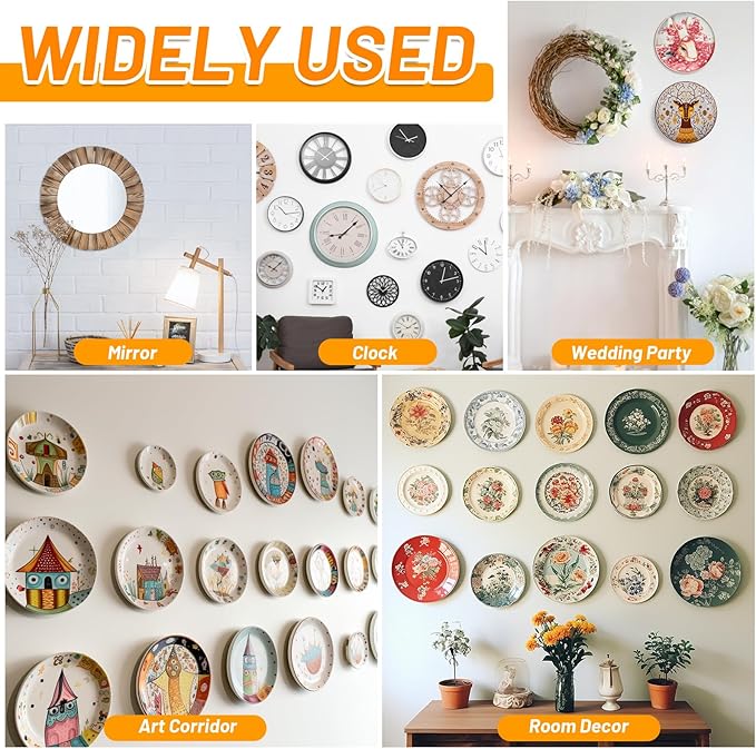 14 Pcs Invisible Plate Hangers for The Wall - 4/6/8/10 Inch Stainless Steel Decorative Plate Holers for Display, Artwork & Home Decor (Includes 14 Wall Hooks & 56 Tip Protectors & Guide)
