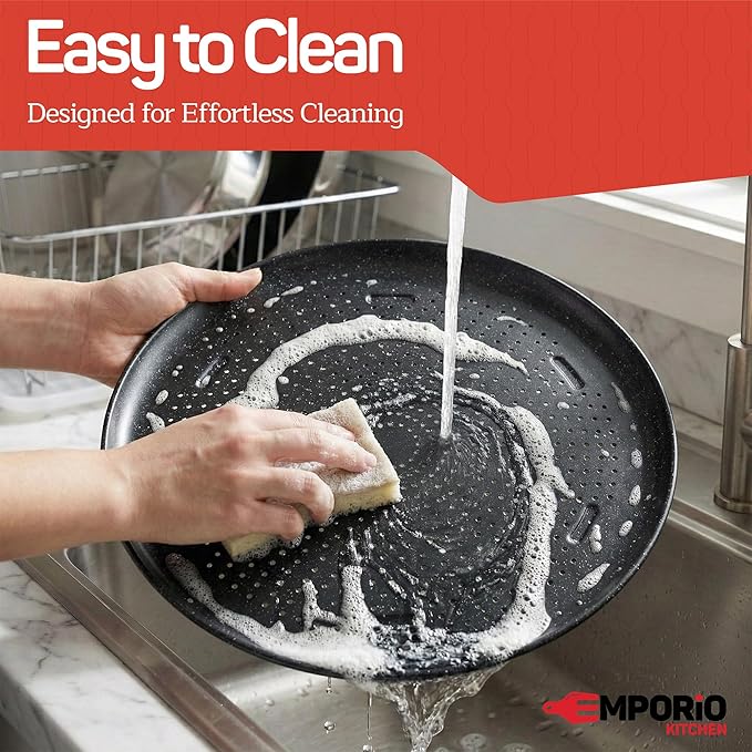 Emporio Kitchen Non-Stick Pizza Pan 2 Pack – 16 Inch Round Carbon Steel Pizza Tray with Perforated Holes, PFOAPFOSPTFE-Free, Dishwasher & Oven Safe Up To 450°F, Durable Nonstick Gray Marble Coating