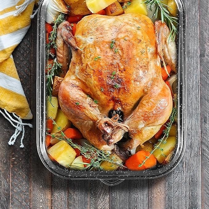21Inch Roasting Pan, Extra Large Rectangle Roasting Pan With Rack, 25lb Capacity, Large Roaster pan for Baking Turkey, V-Rack and Versatile Lid Bone Turkey Baster by DIMESHY