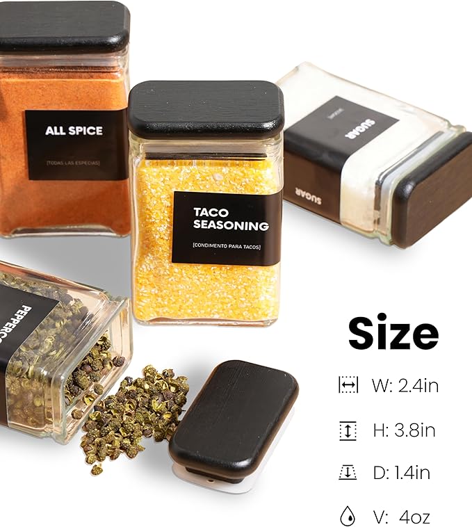APT 1101 Glass Storage Jars with Bamboo Lid, glass canisters with airtight lids, Clear jars with lids for Spice, Cookie, Candy, Tea, Coffee Bean and Rice (Black, Spice Jar Set (4 oz, set of 12))
