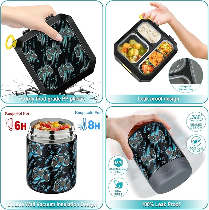 wiwens Bento Lunch Box for Kids with 12oz Soup Thermo Leak-Proof Lunch Food Container with 5 Compartment Thermo Hot Food Jar and Insulated Lunch Bag for Kid Toddler Girls Boys to School