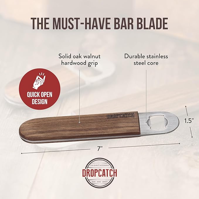 Dropcatch Handheld Bar Blade Bottle Opener | Flat Beer Cap Bottle Opener | Durable Bartender or Home Tool | Heavy Duty Stainless Steel & Walnut Finish | Standard 7” x 1.5”