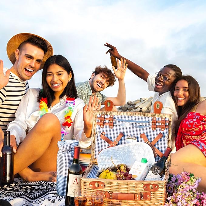 Wicker Picnic Basket Set for 4 Person with Cooler Compartment and Waterproof Picnic Blanket,Removable Strap,Wine Bag,Cutlery Set,for Camping,Day Travel,Beach,Hiking,BBQ and Family/Couples Gifts
