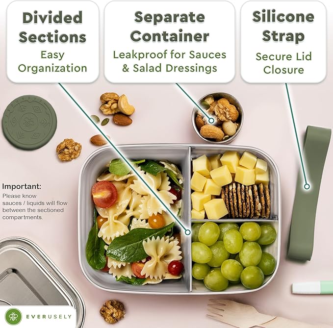 Everusely - Bento Box - Sage, 47oz / 1.4 L - Large Stainless Steel Lunch Box with Leakproof Condiment Container - 3 Compartment Snack Organizer for On the Go Meals - Freezer & Dishwasher Safe
