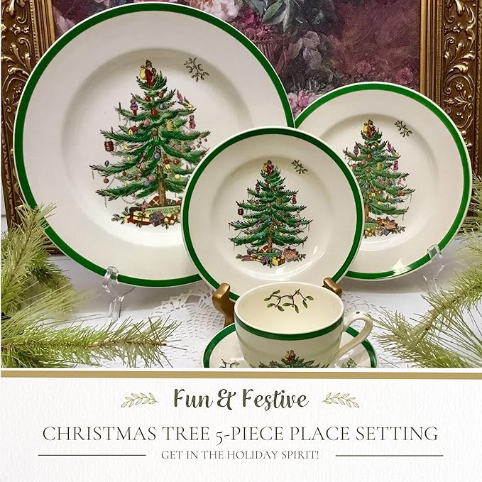 Spode Christmas Tree 5-Piece Place Setting - Festive Earthenware Tableware with Plates, Teacups, Saucers - Microwave, Dishwasher Safe - Christmas Dinnerware & Holiday Tableware