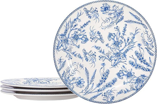 Bico Blue Garden Toile De Jouy Dinner Plates Set of 4, 11 Inch Large Ceramic Plates for Pasta, Steak, Stylish Serving Dishes, Microwave and Dishwasher Safe, Gift for Housewarming and Thanksgiving