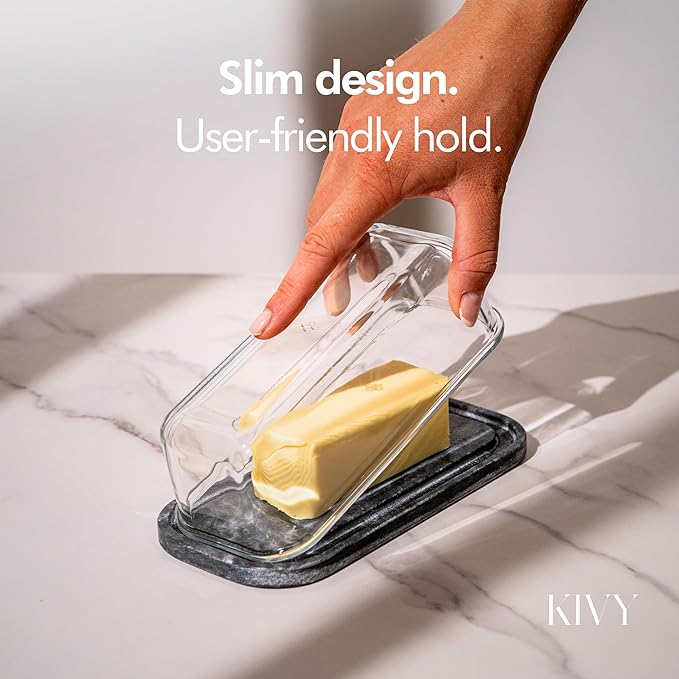 KIVY Butter Dish (Black Marble & Glass) - For countertop and refrigerator door shelf - Marble butter keeper - Stone butter dish with lid - Dishwasher Safe
