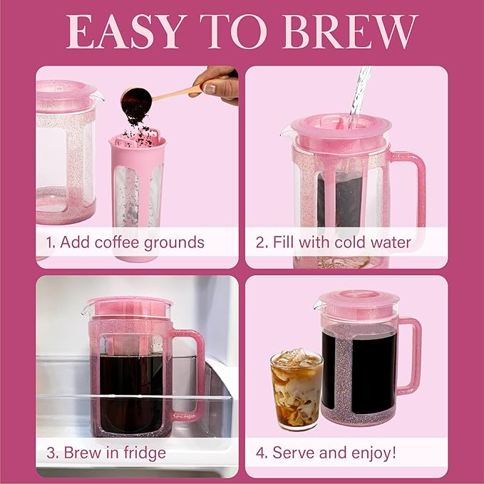 Paris Hilton Cold Brew Coffee Maker, Durable 1.6 Quart Borosilicate Glass Carafe with Stainless Steel Filter, Glitter Pink, 38 oz