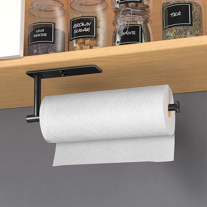 VAEHOLD Self Adhesive Paper Towel Holder Under Cabinet Mount, Wall Mount Paper Towel Roll Rack for Kitchen Cabinet, Bathroom, SUS304 Stainless Steel Black