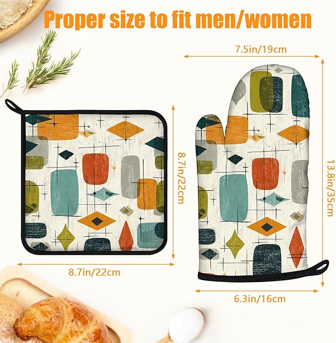 Mid Century Oven Mitts and Pot Holders Sets 4Pcs Silicone Non-Slip Mitts Heat Resistant Gloves Hot Pads for Kitchen Cooking Baking Grilling BBQ