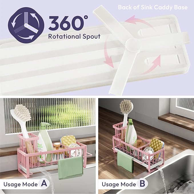 SWTYMIKI Sponge Holder for Kitchen Sink - Sink Caddy with Brush Holder Self-draining Sponge Caddy Organizer with Divider Stainless Steel Kitchen Accessories Storage for Countertop, Pink