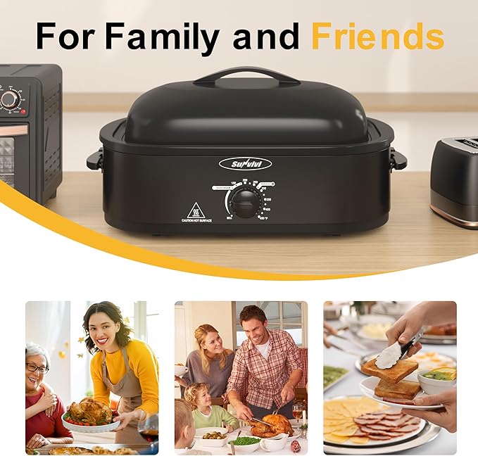 14 Quart Roaster Oven with Self-Basting Lid, with Removable Roasting Rack, Turkey Defrost & Warm Function, Adjustable Temperature, Stainless Steel, Black