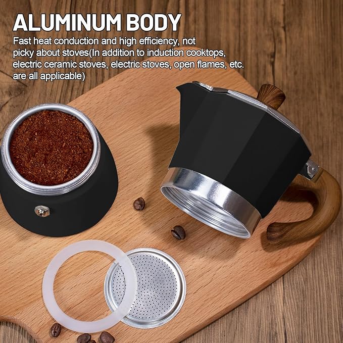 4-in-1 Moka Pot Espresso Set with Electric Stove 3 Cup Aluminum Stovetop Coffee Maker Percolator Italian Classic Mocha Coffee Machine with Powder Dispenser Filter Paper Portable Camping Black