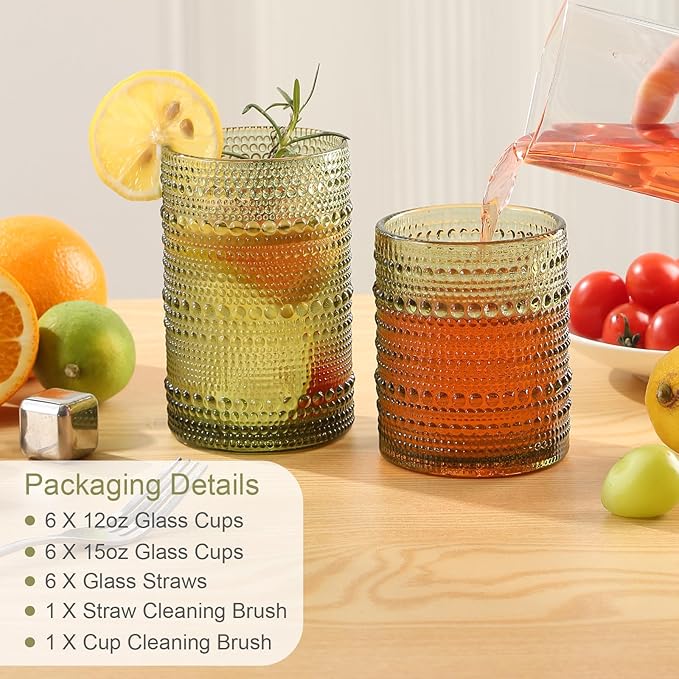 ZMOWIPDL Vintage Glassware Drinking Glasses Set of 12,Green 12oz & 15oz Hobnail Glass Cups,Embossed Water Tumbler,for Beer,Cocktail,Whiskey,Juice and Various Mixed Drinks- 1 Cleaning Brush