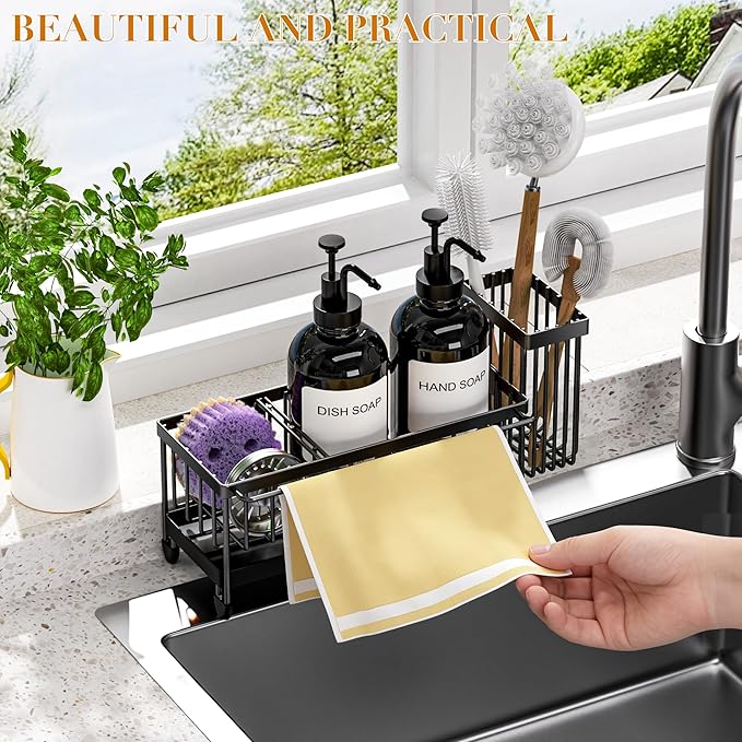 Kitchen Soap Dispenser Set with Sponge Holder and Towel Rack, 17OZ Glass Bottle, Hand and Dish Soap Dispenser Set, Non-Slip Silicone Pad, Brush Holder, Kitchen Sink Caddy Organizer Countertop (Black)