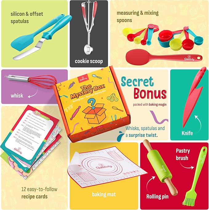 Baketivity Mystery Box – Real Cooking Utensils for Children – Safe, Durable, and Fun Kitchen Accessories – Gift for Young Chefs
