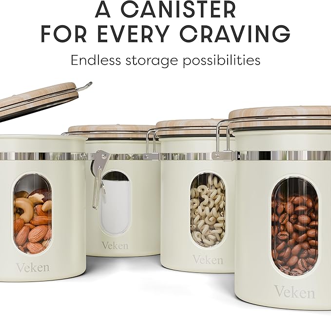 Veken Coffee Sugar Canister with Window, Airtight Stainless Steel Kitchen Food Storage Container with Lids, Date Tracker and Scoop for Grounds Coffee, Beans, Tea, Flour, Cereal Jars, 16OZ, Cream
