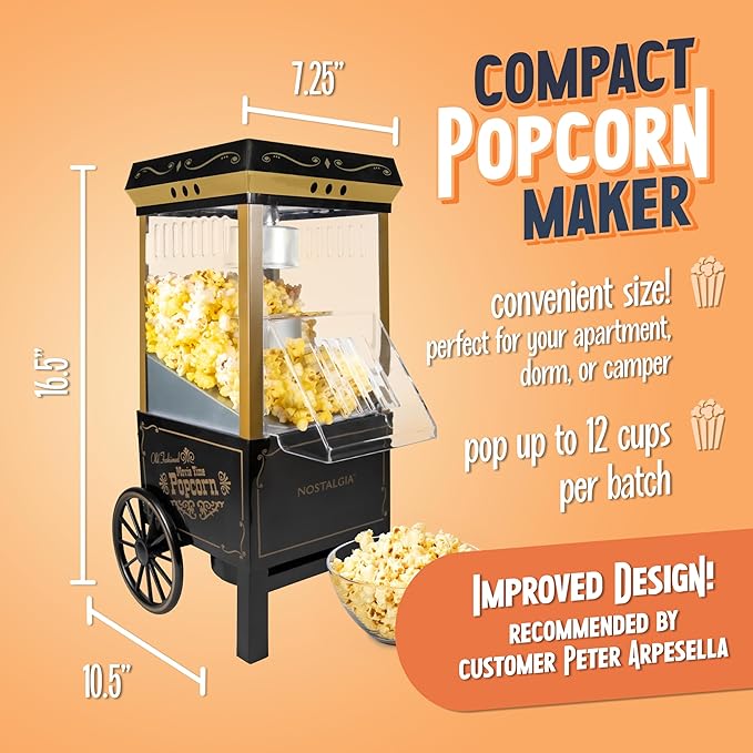 Nostalgia Vintage Hot-Air Popcorn Maker Machine - Makes Up to 12 Cups - Oil-Free - Healthier Popcorn - Classic Stand-Up Cart With Wheels - Includes Kernel Measuring Cup - Black